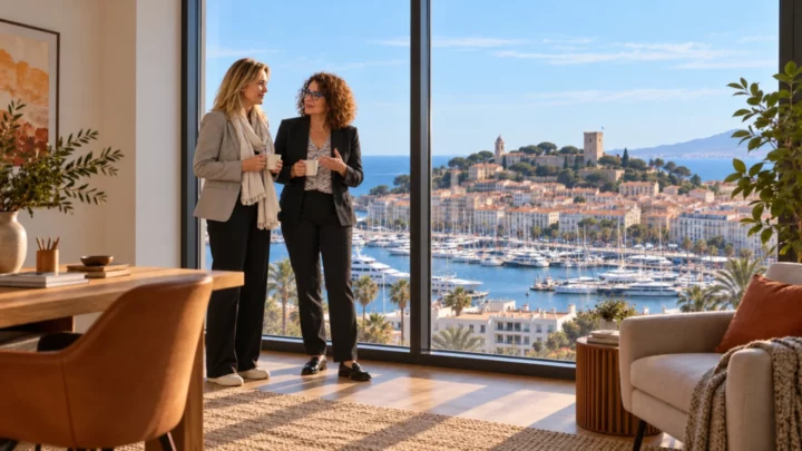 Retouche générée à partir des portraits de Charlotte et Valérie : conversation complice près de la fenêtre avec une vue sur Cannes.