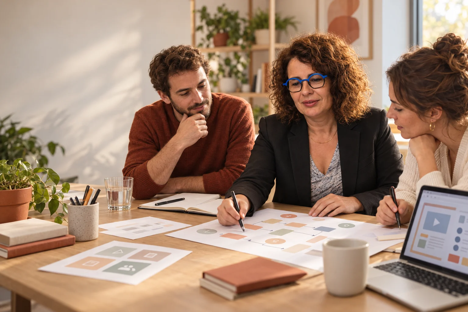 Valérie conçoit un parcours pédagogique avec deux collaborateurs