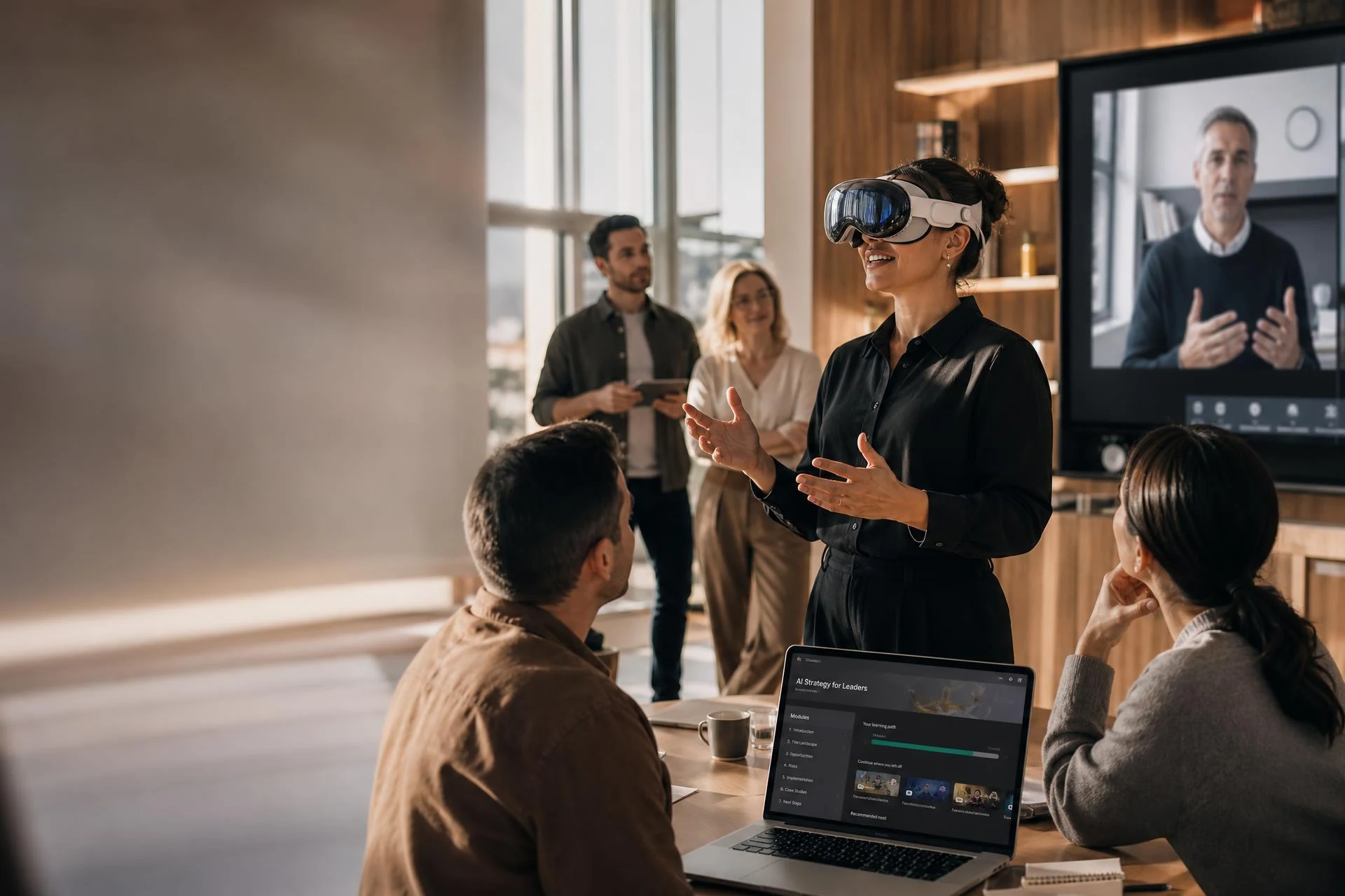 Une femme utilisant un casque de réalité virtuelle lors d’une séance collective